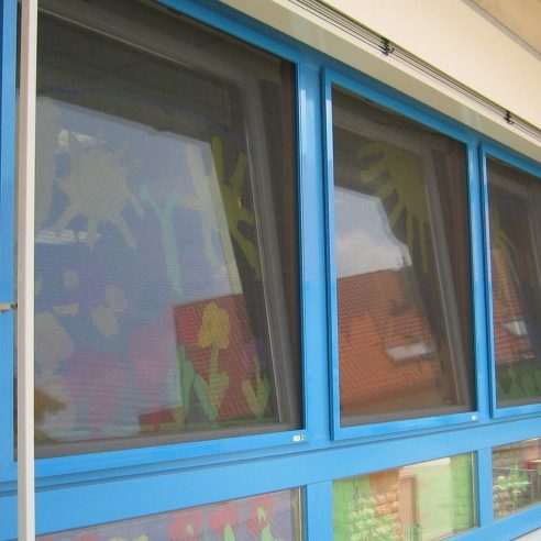 Farblich angepasster Insektenschutz an Fensterfront