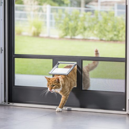 Insektenschutz Drehtür mit integrierter Katzenklappe an Terrassentür